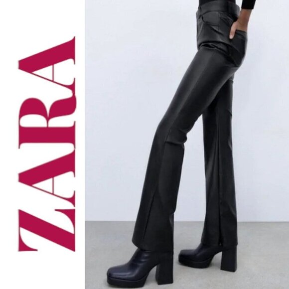 ZARA Faux Leather Slim Bootcut Flare Ankle Zip Full Length Pants Black, Size XS - Picture 1 of 16